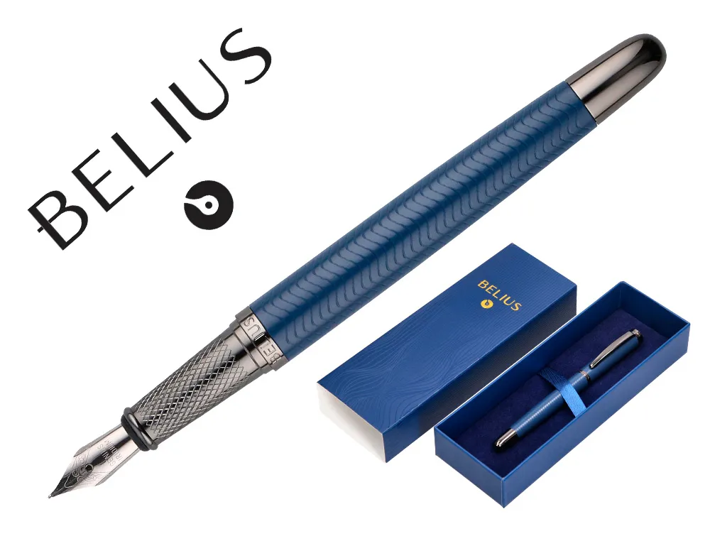 Stylo-plume belius neptuno aluminium texture ondulee attributs gun encre bleue coloris bleu marine dans coffret cadeau