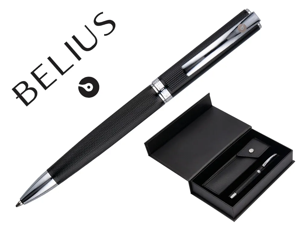 Stylo-bille etui simili cuir belius turbo alum. texture pointillee attributs argent encre bleue col. noir coffret cadeau