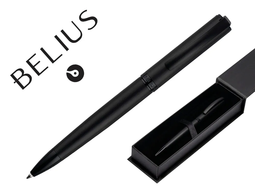 Stylo-bille belius turbo monochrome aluminium texture pointillee encre bleue coloris noir dans coffret cadeau