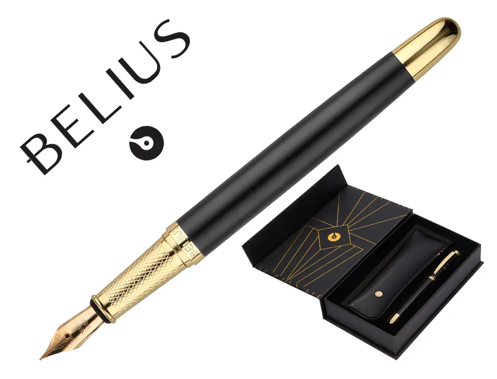 Stylo-plume et etui simili cuir belius soiree aluminium details et attributs or encre bleue coloris noir coffret cadeau
