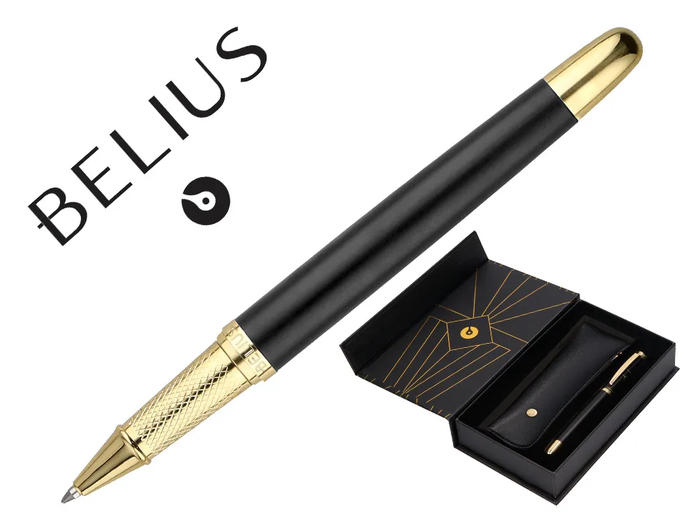 Stylo-bille et etui simili cuir belius soiree aluminium details et attributs or encre bleue coloris noir coffret cadeau