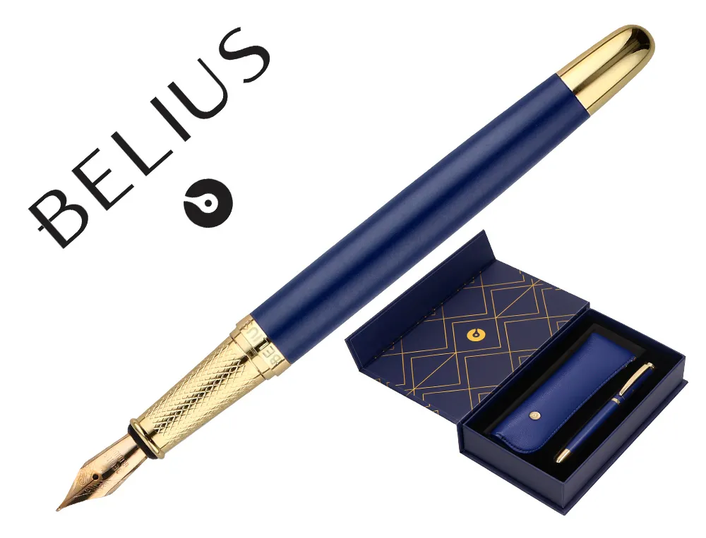 Stylo-plume et etui simili cuir belius soiree alum. details et attributs or encre bleue col. bleu marine coffret cadeau