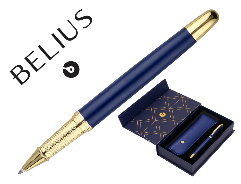 Stylo-bille et etui simili cuir belius soiree alum. details et attributs or encre bleue col. bleu marine coffret cadeau