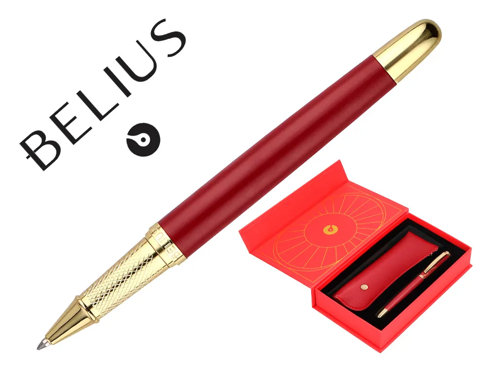 Stylo-bille et etui simili cuir belius soiree alum. details et attributs or encre bleue coloris bordeaux coffret cadeau