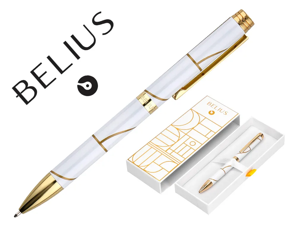 Stylo-bille belius carte blanche aluminium details et attributs or encre bleue coloris blanc dans coffret cadeau
