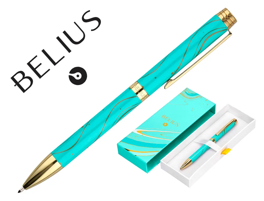 Stylo-bille belius aqua aluminium details et attributs or encre bleue coloris turquoise dans coffret cadeau