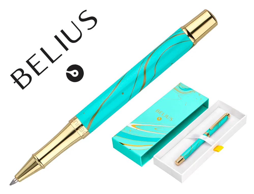 Roller belius aqua aluminium details et attributs or encre noire coloris turquoise dans coffret cadeau