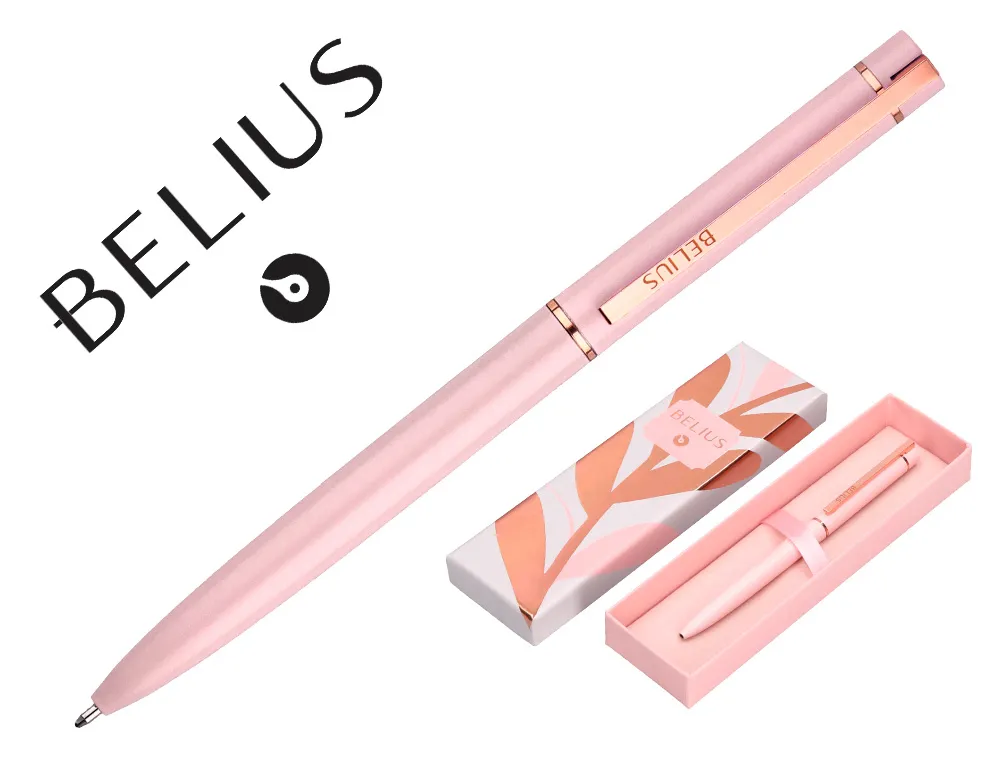 Stylo-bille belius rose aluminium details et attributs or rose encre bleue coloris rose dans coffret cadeau