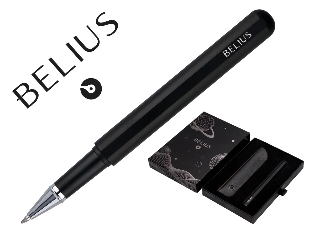 Roller et etui en simili cuir belius space b monochrome sans agrafe encre bleue coloris noir dans coffret cadeau