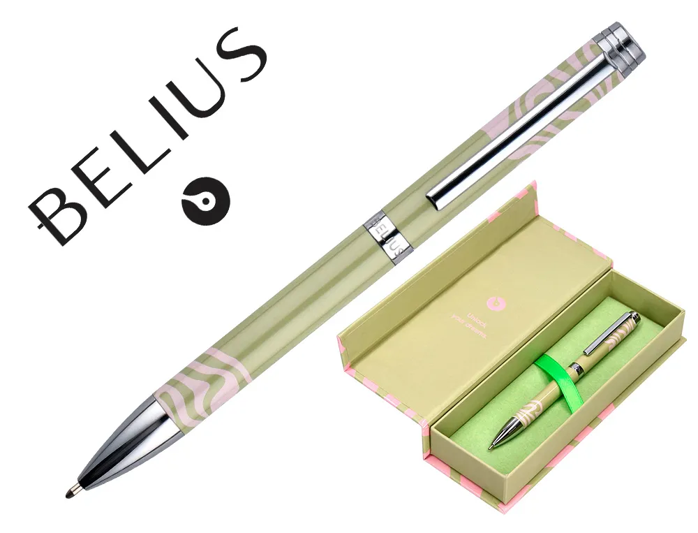 Stylo-bille belius ink dreams aluminium attributs argent encre bleue coloris vert matcha ondulations rose coffret cadeau