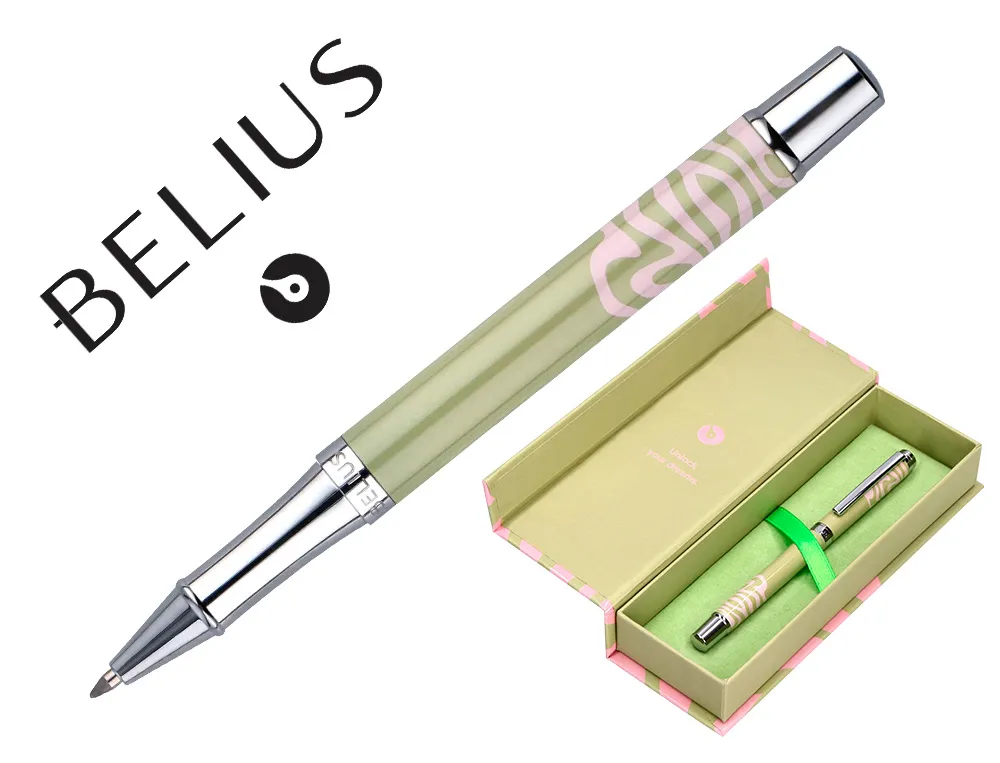 Roller belius ink dreams aluminium attributs argent encre noire coloris vert matcha ondulations rose dans coffret cadeau