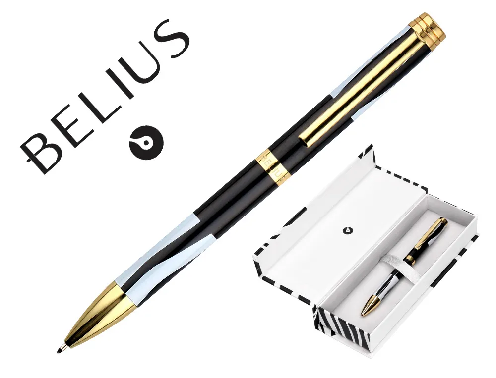 Stylo-bille belius b&w aluminium attributs or encre bleue coloris blanc zebrures noires dans coffret cadeau