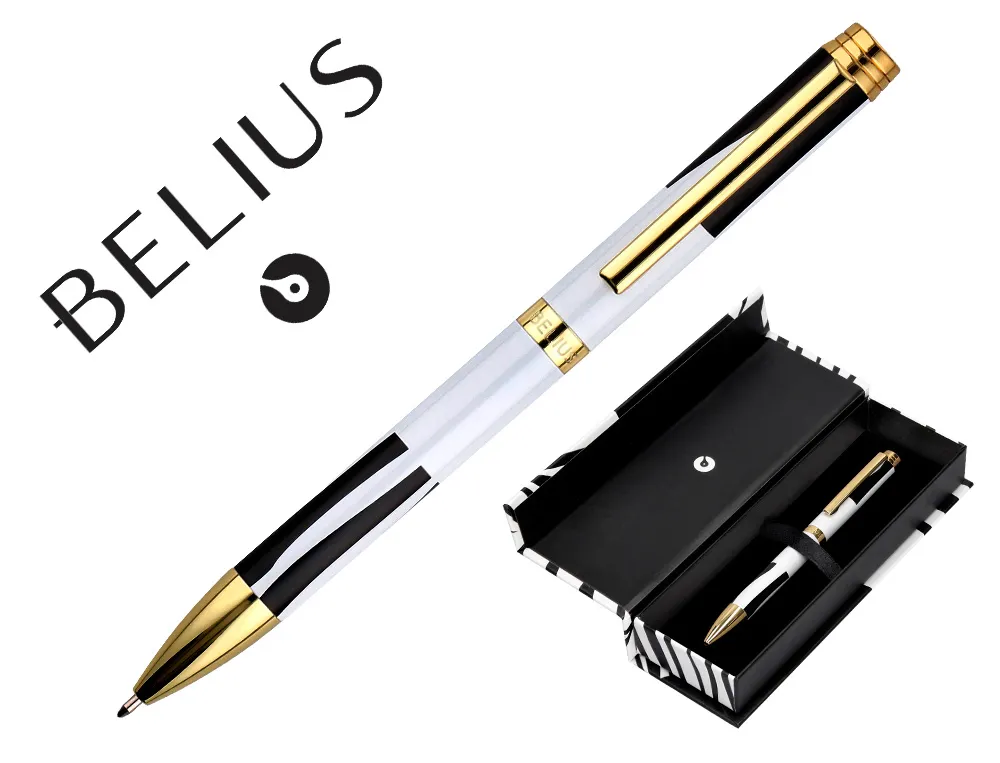 Stylo-bille belius b&w aluminium attributs or encre bleue coloris noir zebrures blanches dans coffret cadeau