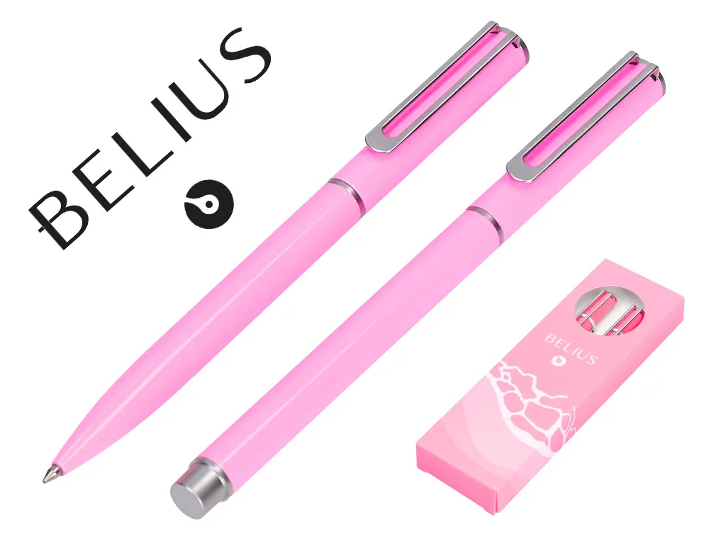 Parure stylo-bille et roller belius endless summer aluminium atributs argent encre bleue coloris rose coffret cadeau