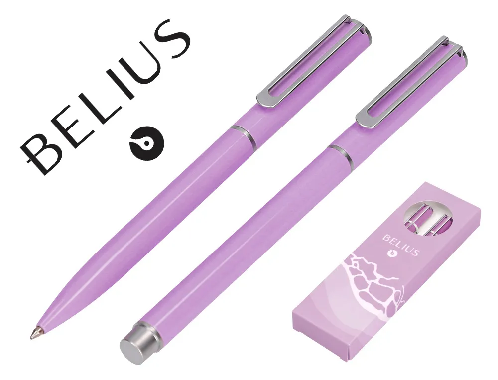 Parure stylo-bille et roller belius endless summer aluminium atributs argent encre bleue coloris mauve coffret cadeau