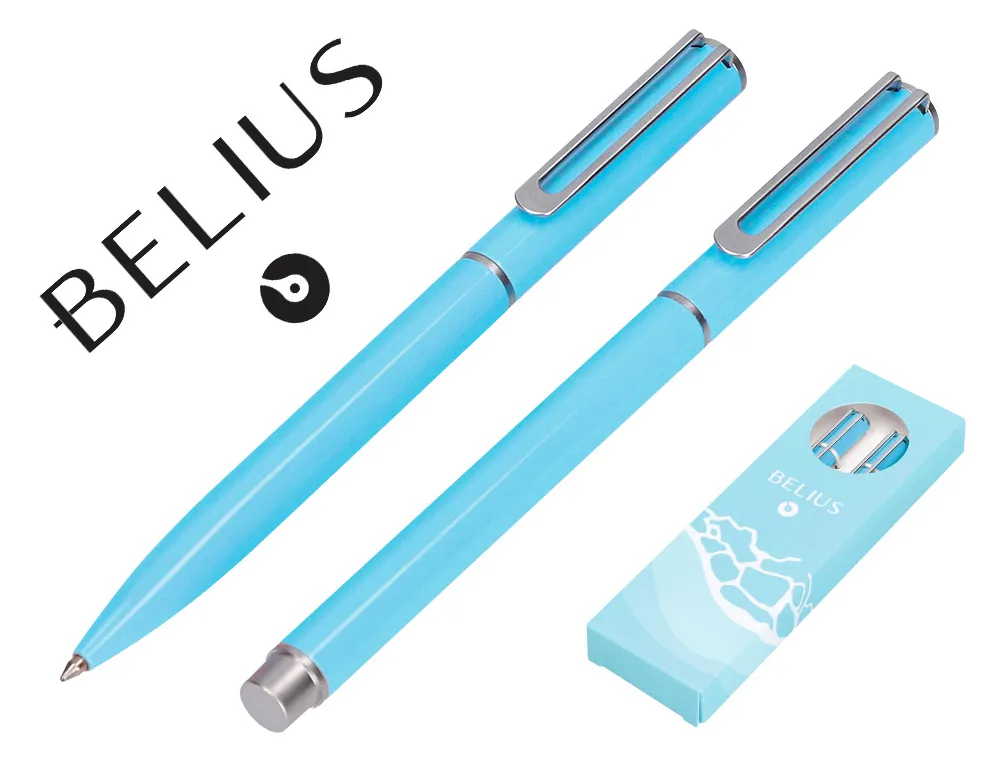 Parure stylo-bille et roller belius endless summer aluminium atributs argent encre bleue coloris bleu coffret cadeau