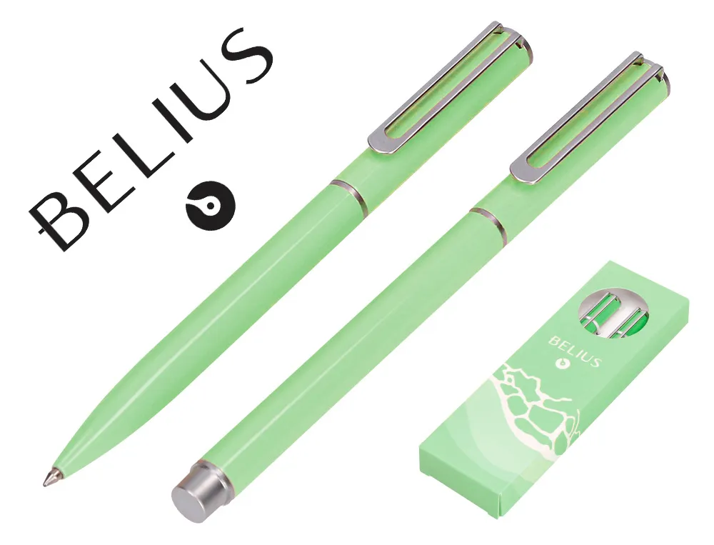 Parure stylo-bille et roller belius endless summer aluminium atributs argent encre bleue coloris vert coffret cadeau