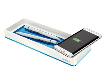 Plumier leitz wow dual 105x32x271mm avec chargeur induction pour recharge smartphone coloris bleu