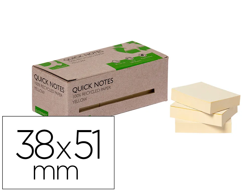 Bloc notes Q-Connect quick notes 38x51mm 100f adhesives repositionables coloris jaune pack 12 unites