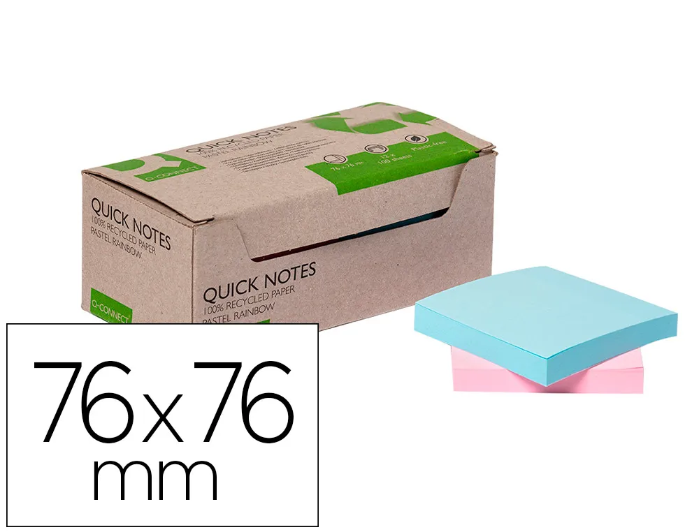 Bloc notes Q-Connect quick notes 76x76mm 100f adhesives repositionables monochrome rose ou bleu pastel pack 12 unites