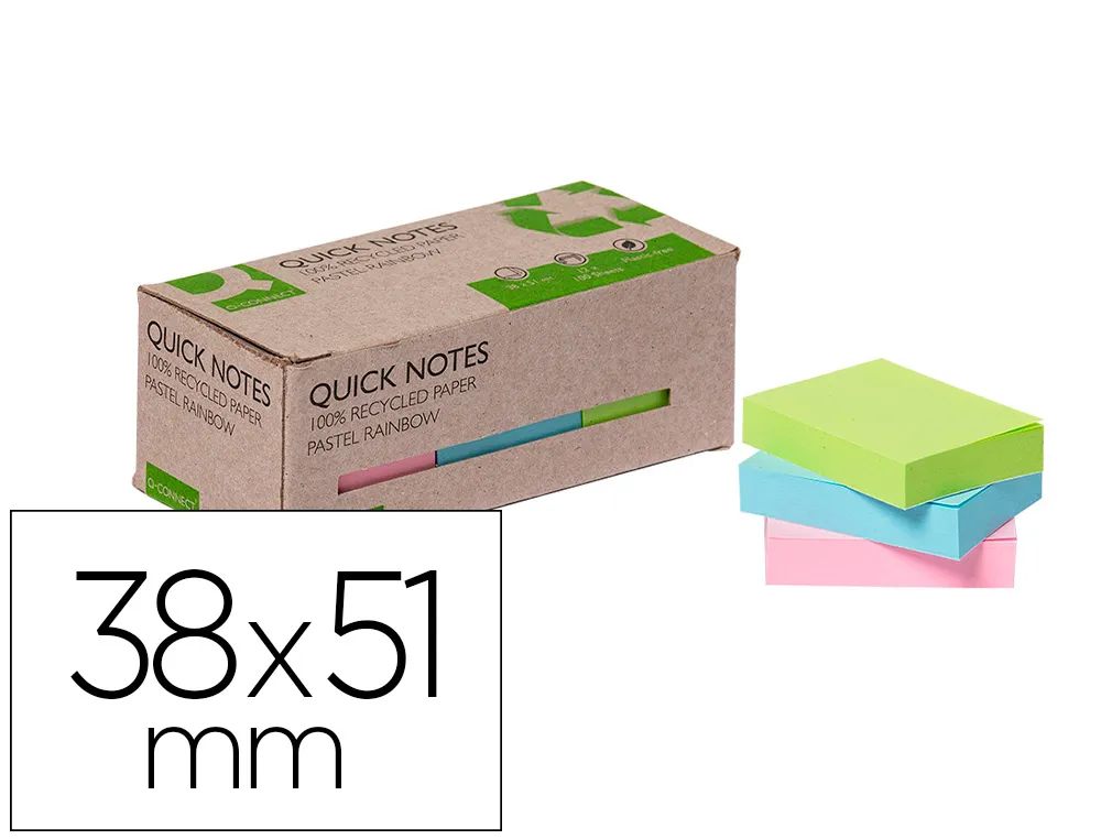 Bloc notes Q-Connect quick notes 38x51mm 100f adhesives repositionables coloris pastel assortis pack 12 unites