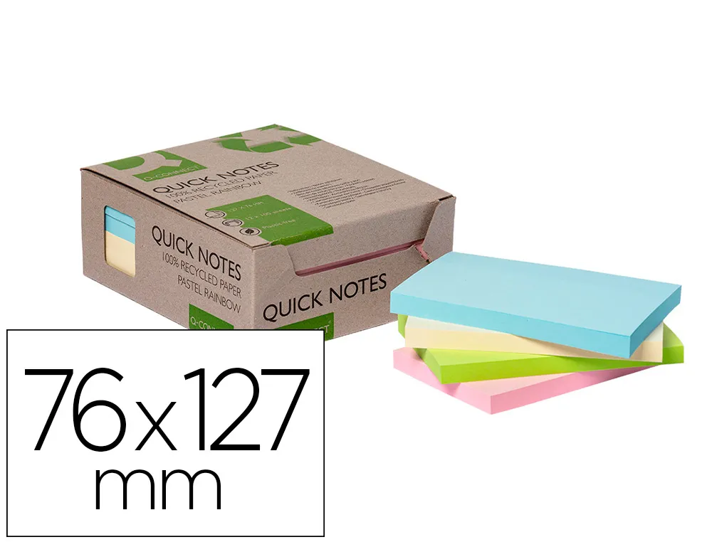 Bloc notes Q-Connect quick notes 76x127mm 100f adhesives repositionables coloris pastel assortis pack 12 unites