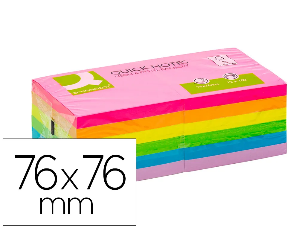 Bloc notes Q-Connect 76x76mm 100f adhesives repositionables coloris fluo et pastel assortis pack de 12 KF10959