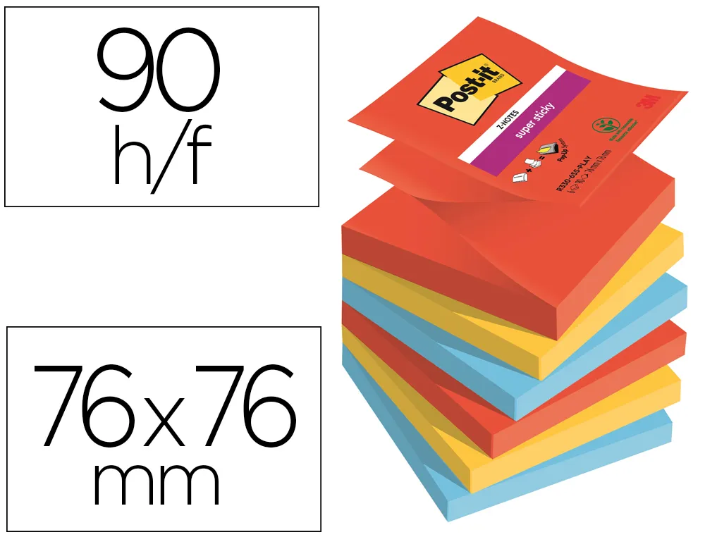 Bloc note post it z-notes super sticky collection playfull 76 x 76 mm 6 blocs 90 feuilles