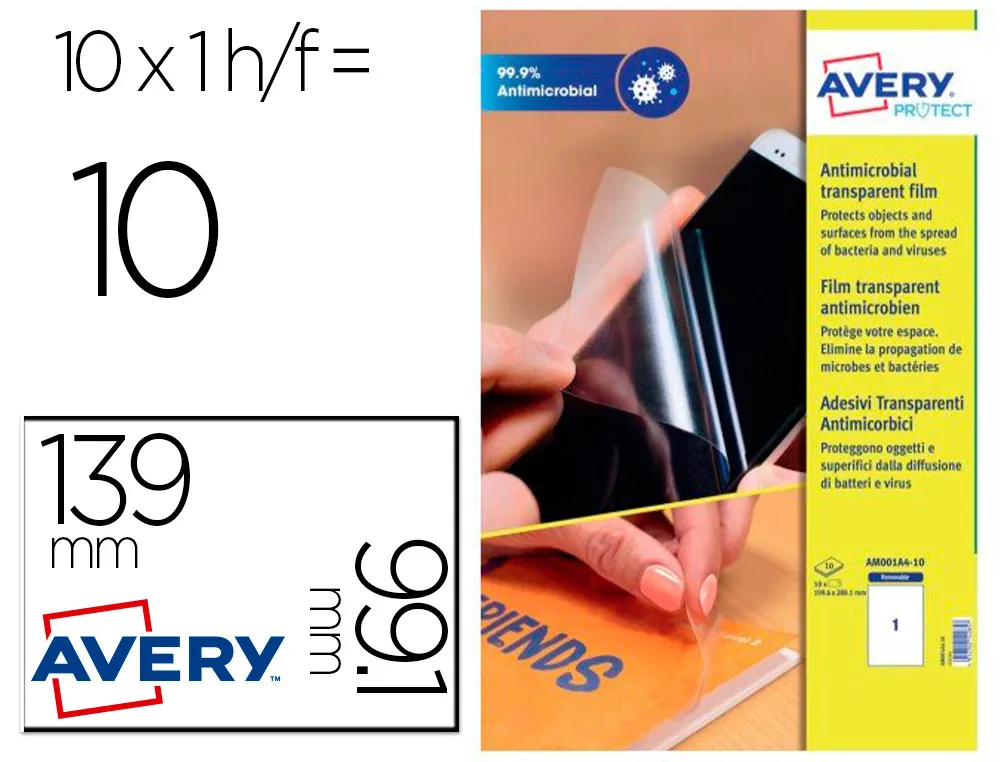Films avery antimicrobiens adhesif amovible 199,6x289,1mm boite de 10