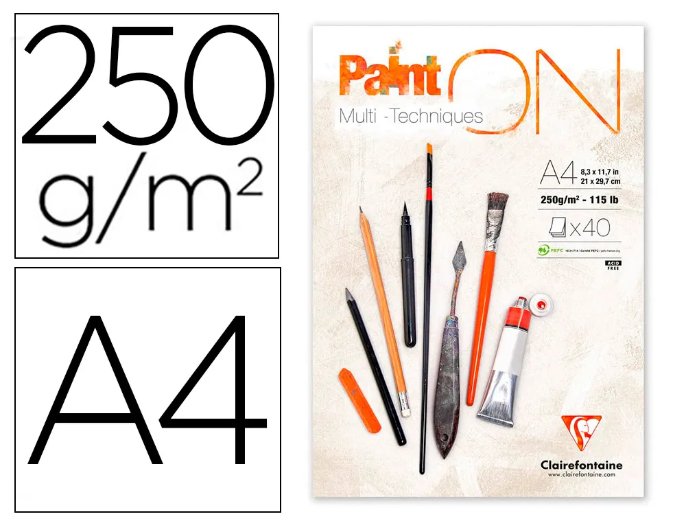 Bloc de dessin encolle clairefontaine paint'on. papier multi technique 250g extra blanc. format A4 21 x