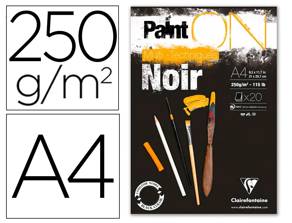 Bloc de dessin encolle clairefontaine paint'on. papier multi technique 250g noir format A4 21 x 29,7cm 20