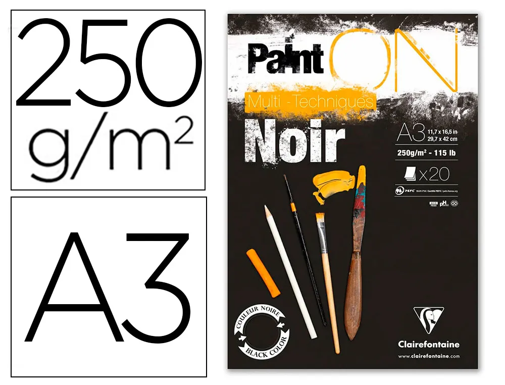 Bloc de dessin encolle clairefontaine paint'on. papier multi technique 250g noir. format A3 29,7 x 42cm