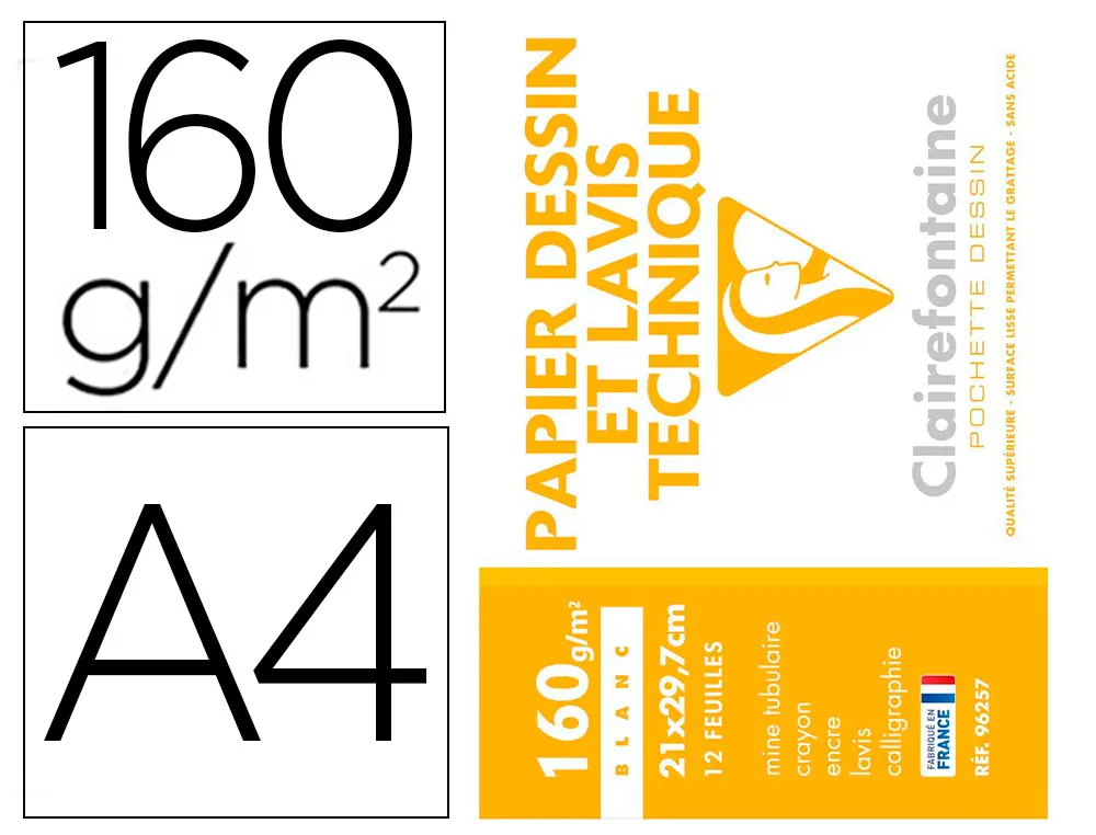 Pochette dessin et lavis clairefontaine papier 160g surface lisse format A4 21 x 29,7 cm 12 feuilles