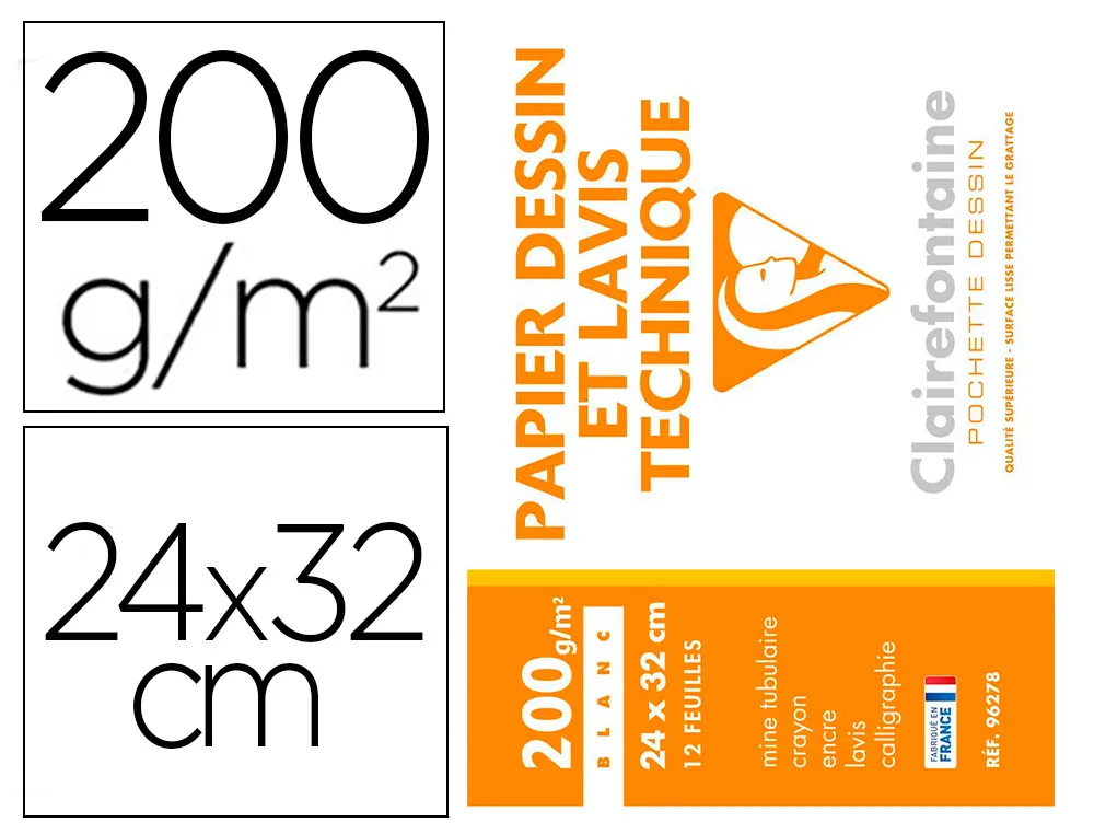 Pochette dessin et lavis clairefontaine papier 160g surface lisse format. format 24 x 32cm 12 feuilles