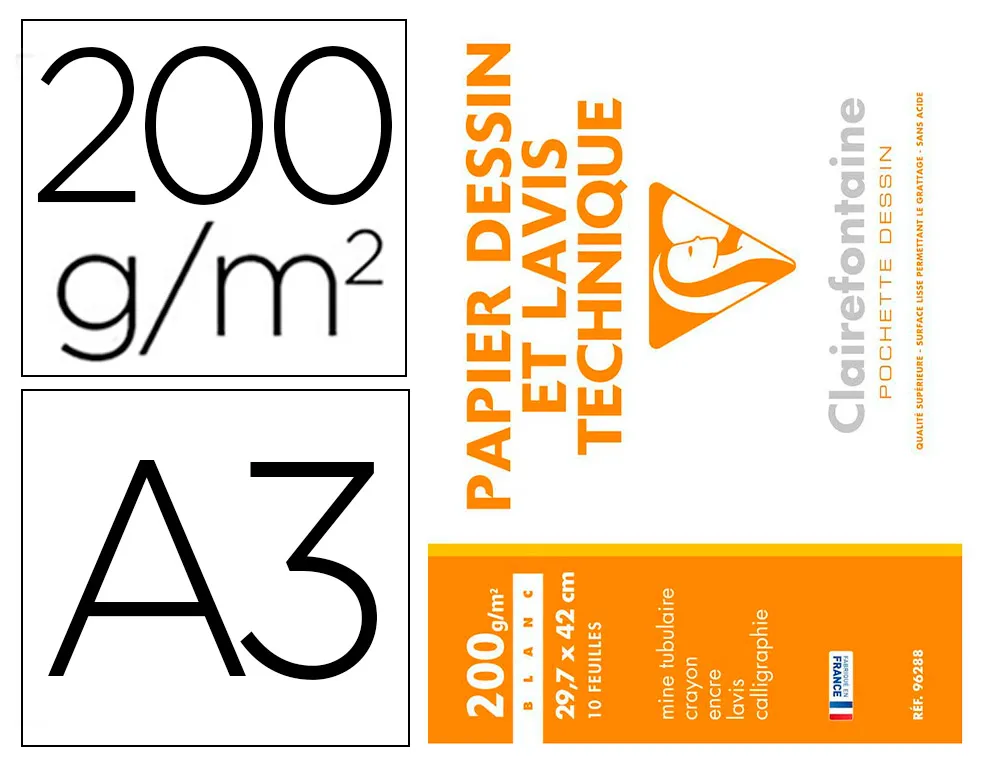 Pochette dessin et lavis clairefontaine papier 200g surface lisse format. format A3 29,7 x 42cm 10 feuilles