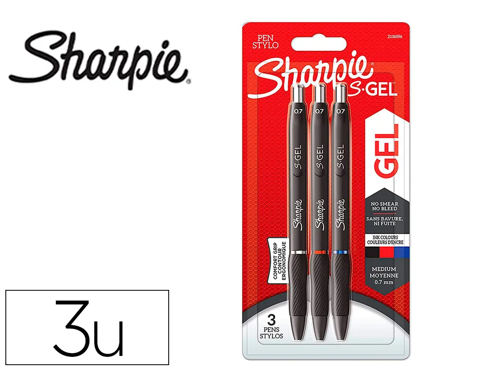 Stylo gel sharpie gel pointe moyenne 0.7mm couleur assorties blister de 3