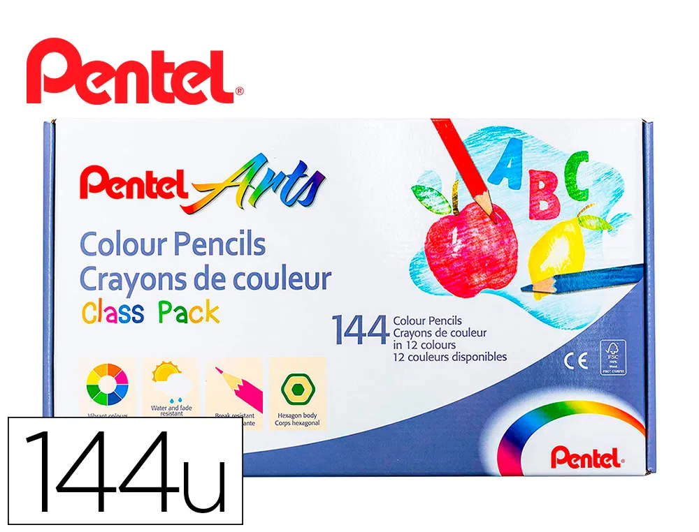 Boite de 144 crayons de couleurs pentel corps hexagonal en bois coloris assortis