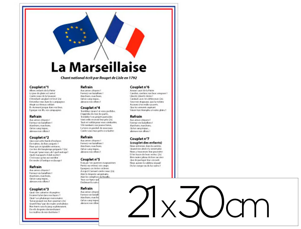 Affichage école primaire loi blanquer - la marseillaise - cadre bleu blanc rouge - drapeau france europe -