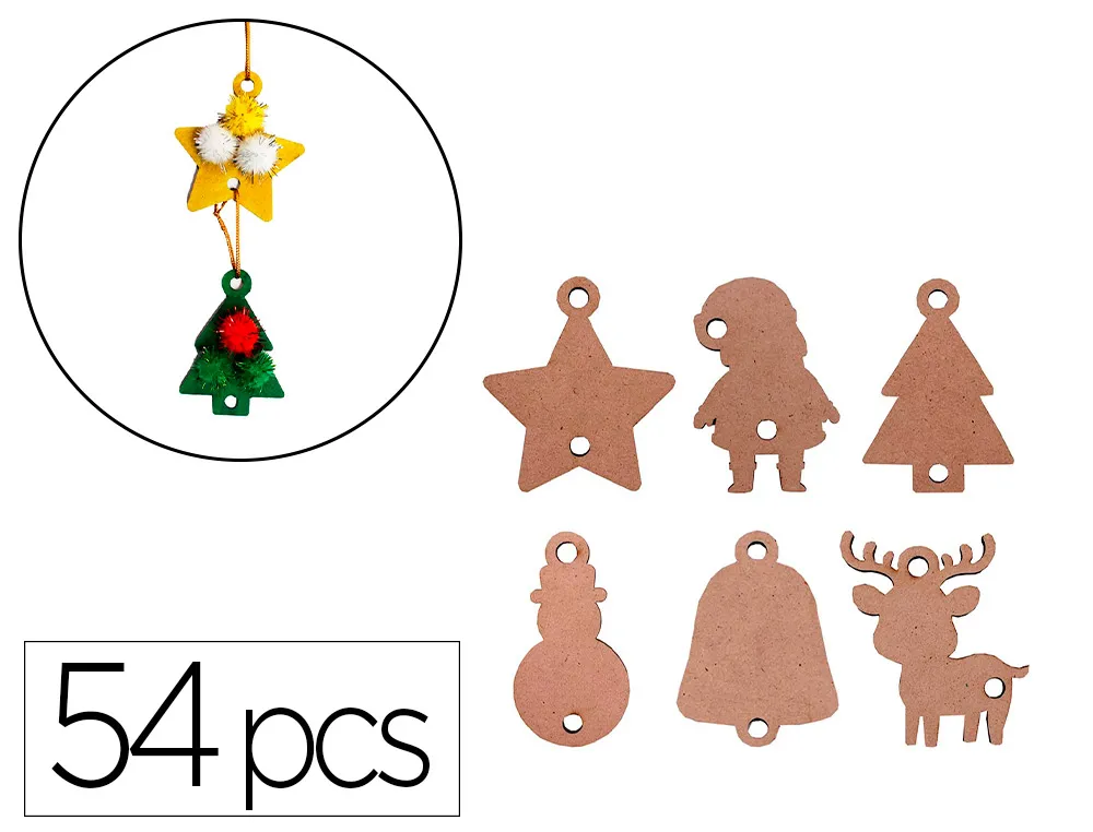 Formes de noël pleines en bois + fils dorés. 6 formes. épaisseur : 2 mm. Dimensions : 60 mm. Lot de 54 pièces