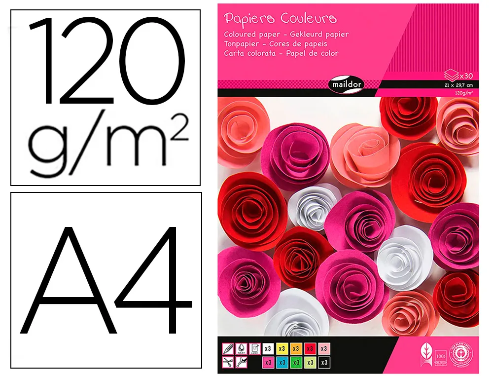 Bloc clairefontaine 1er prix, 30 feuilles papier couleur 120g A4 assortis