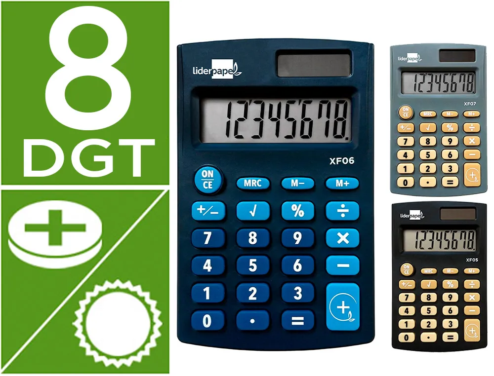 Calculatrice de poche xf05 8 chiffres solaire et piles 98x62x8 mm presentoir de 16u