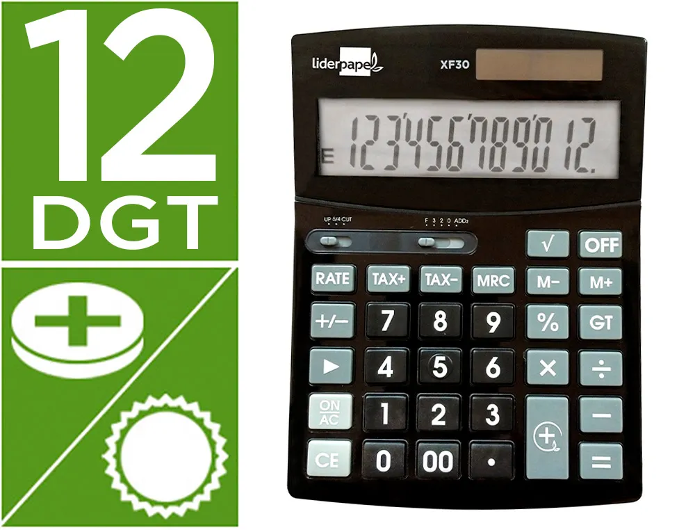 Calculatrice de bureau liderpapel xf30 12 chiffres correct auto-replay solaire et piles coloris noir