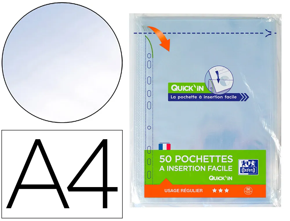 Pochette perforée OXFORD Quick'in A4 Polypropylène 50 microns Lisse incolore - Sachet de 50
