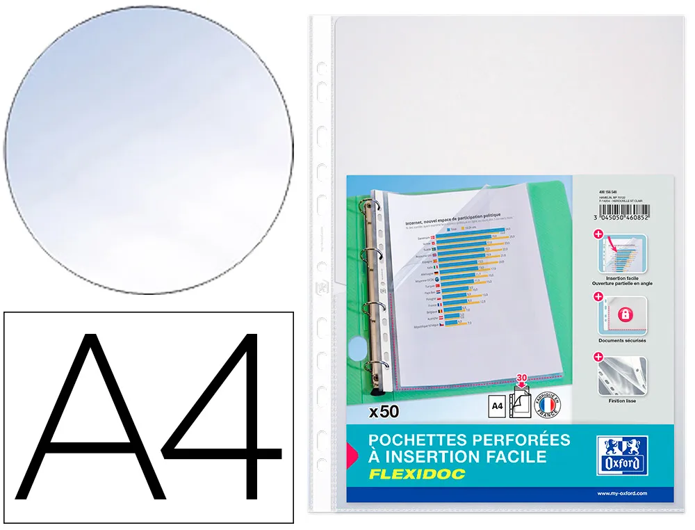 Pochettes perforées Flexidoc, A4, en polypro lisse 7/100e incolore - Sachet de 50