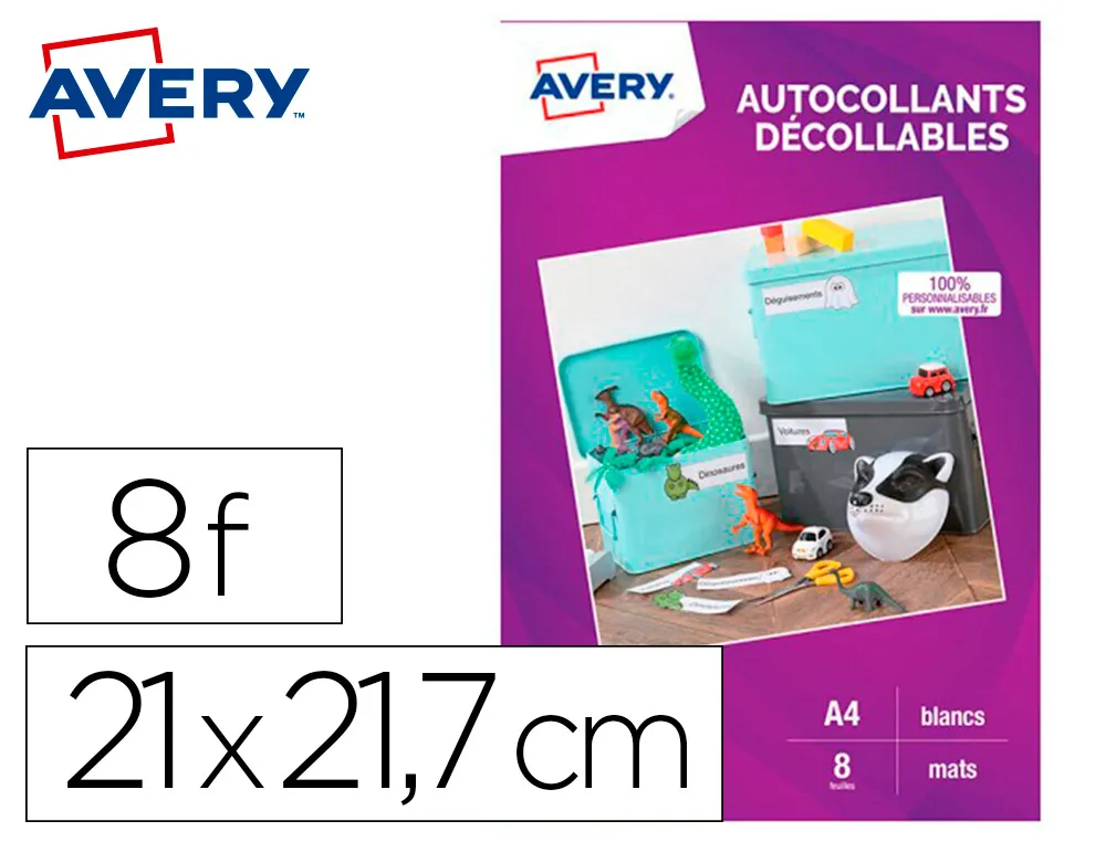 Autocollant avery decollable A4 jet d encre paquet de 8 coloris blanc mat