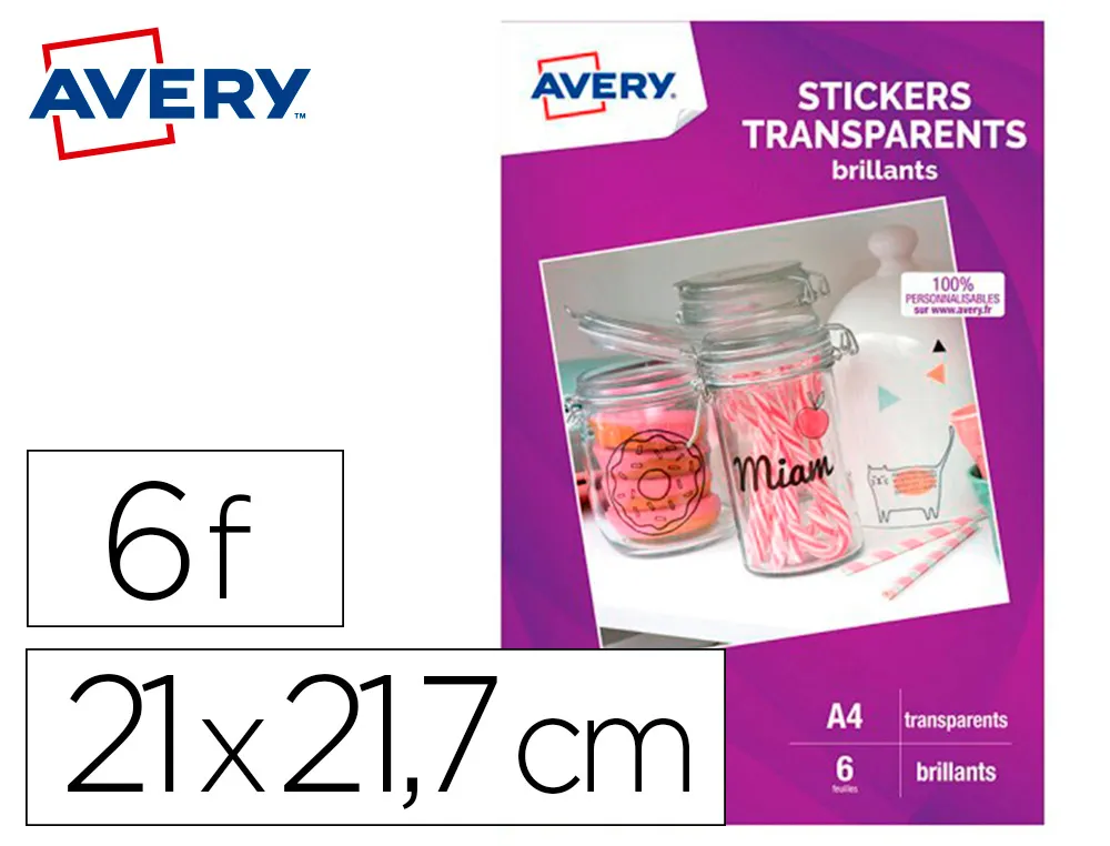 Stickers avery transparent brillant A4 jet d encre paquet de 6