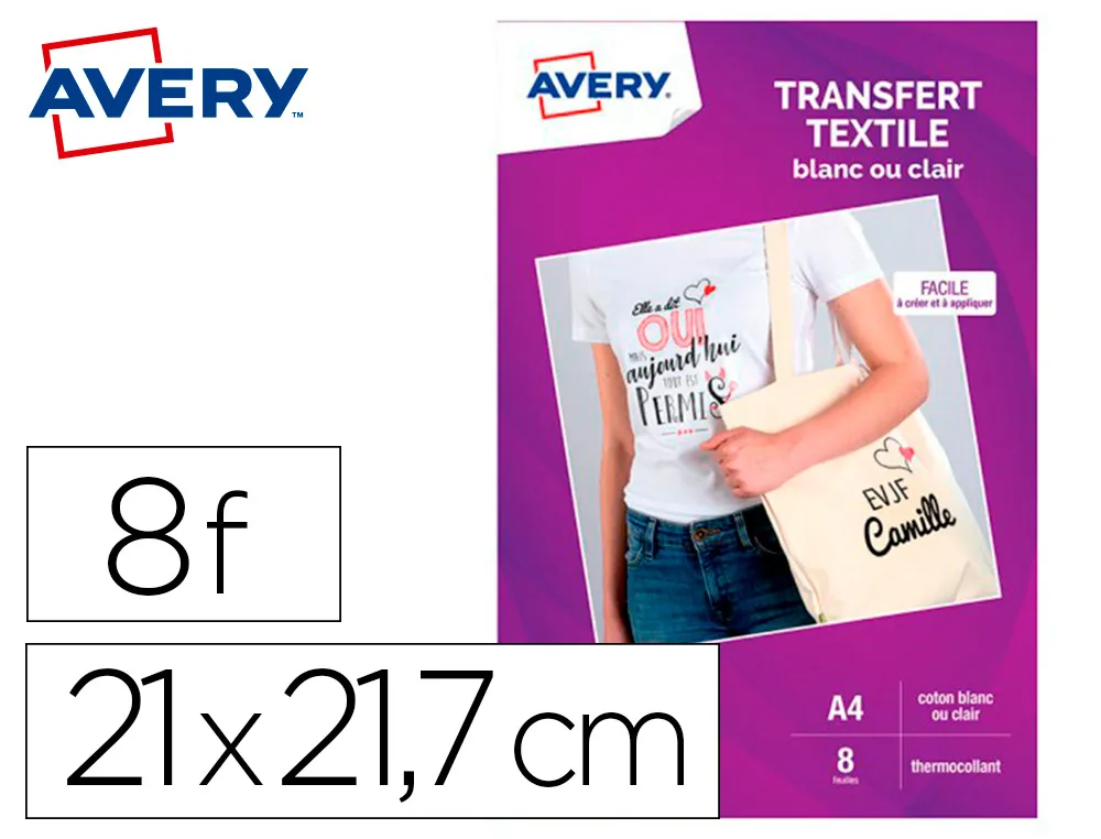 Transfert textile avery A4 jet d encre paquet de 8 coloris blanc ou clair