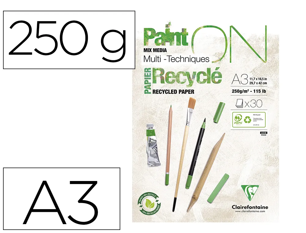 Bloc clairefontaine painton recyclé A3 30f blanc 250g