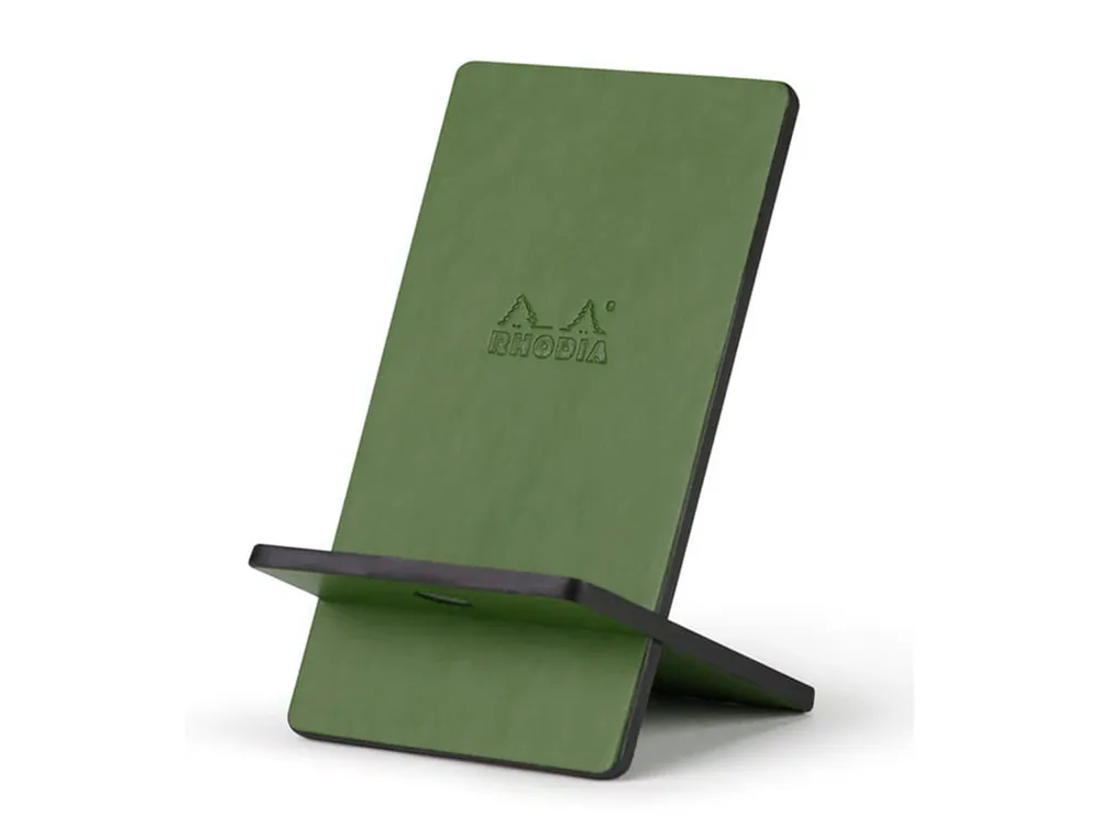 Support rhodiarama pour téléphone mobile en simil cuir sauge 8x8x13,5cm