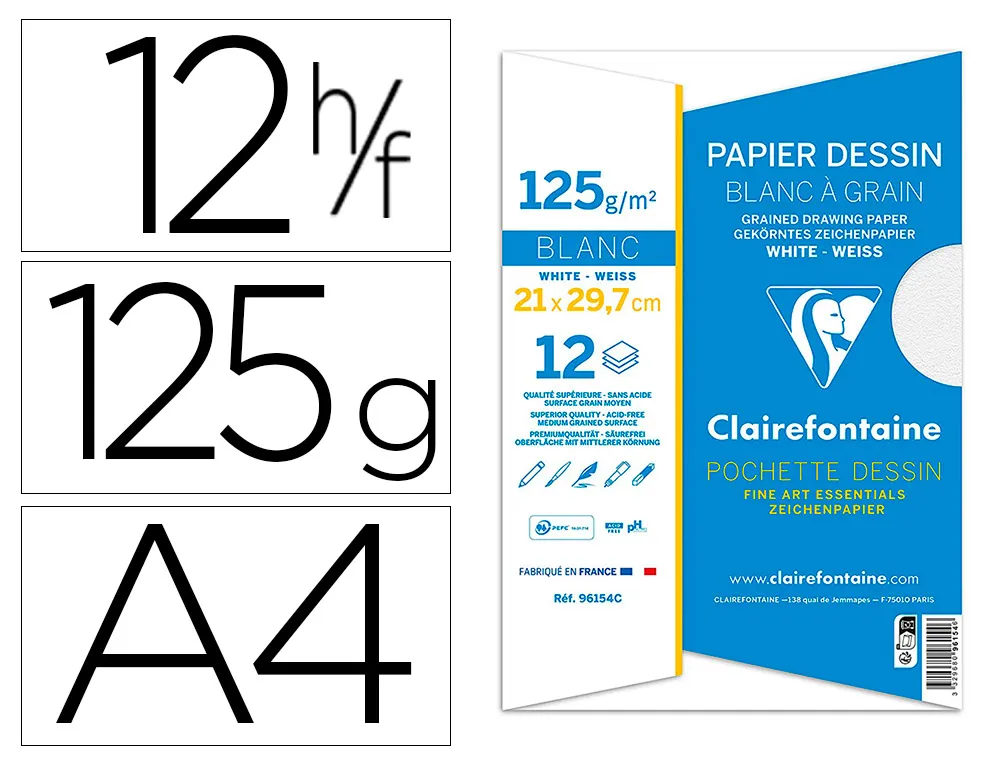 Pochette dessin grain clairefontaine A4 blanc 125gr 21x29,7cm 12f